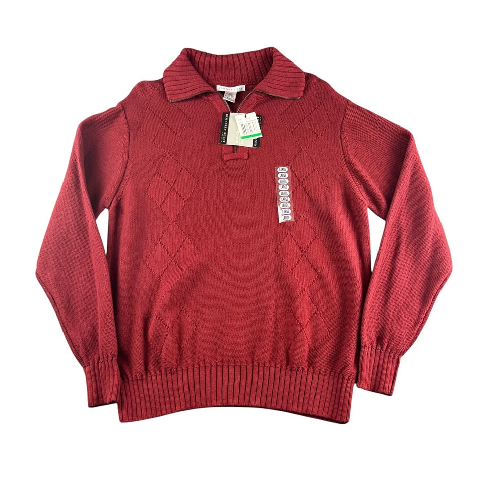 Geoffrey Beene Mens Maroon Red Argyle 1/4 Zip Cotton Sweater Large 53255Z
